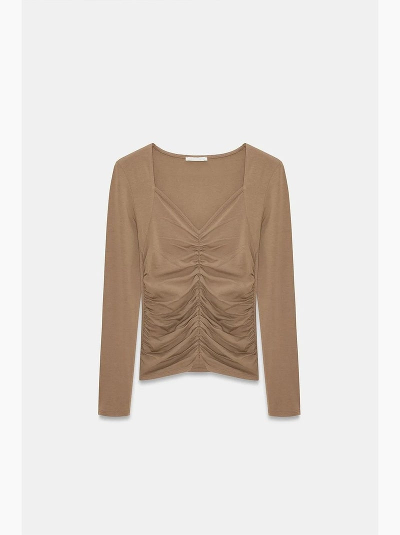 T-shirt jersey v-hals lange mouwen dilvin Camel - Kiabi