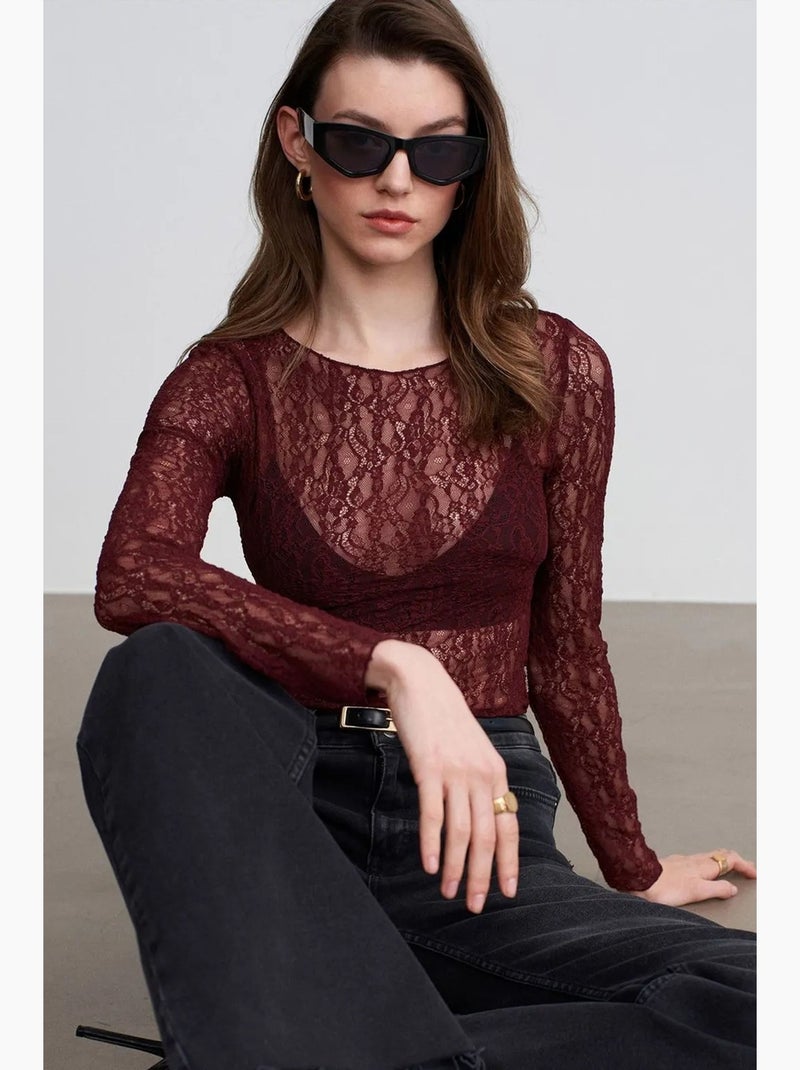 T-shirt kant boothals lange mouwen dilvin Bordeauxrood - Kiabi