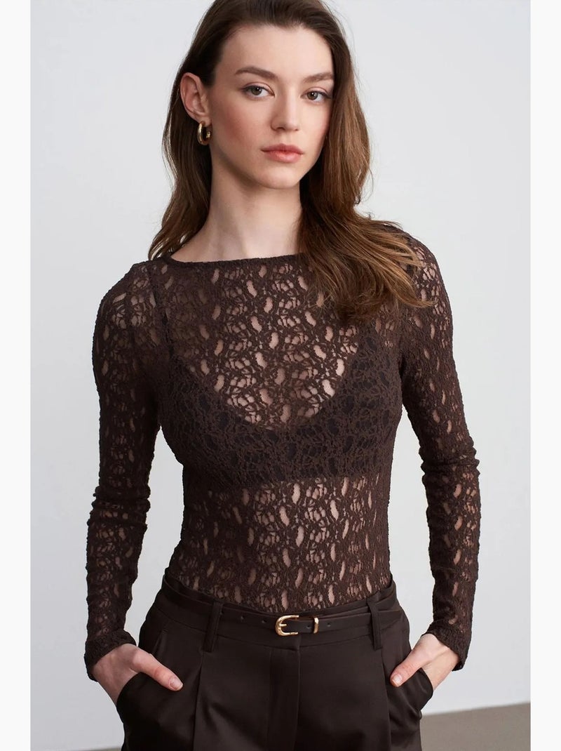 T-shirt kant boothals lange mouwen dilvin Chocoladebruin - Kiabi