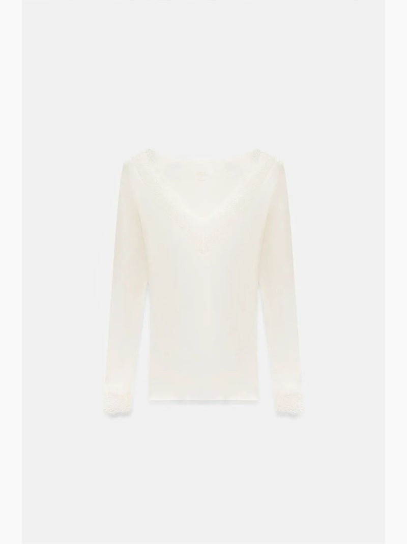 T-shirt kant v-hals lange mouwen dilvin Gebroken wit - Kiabi