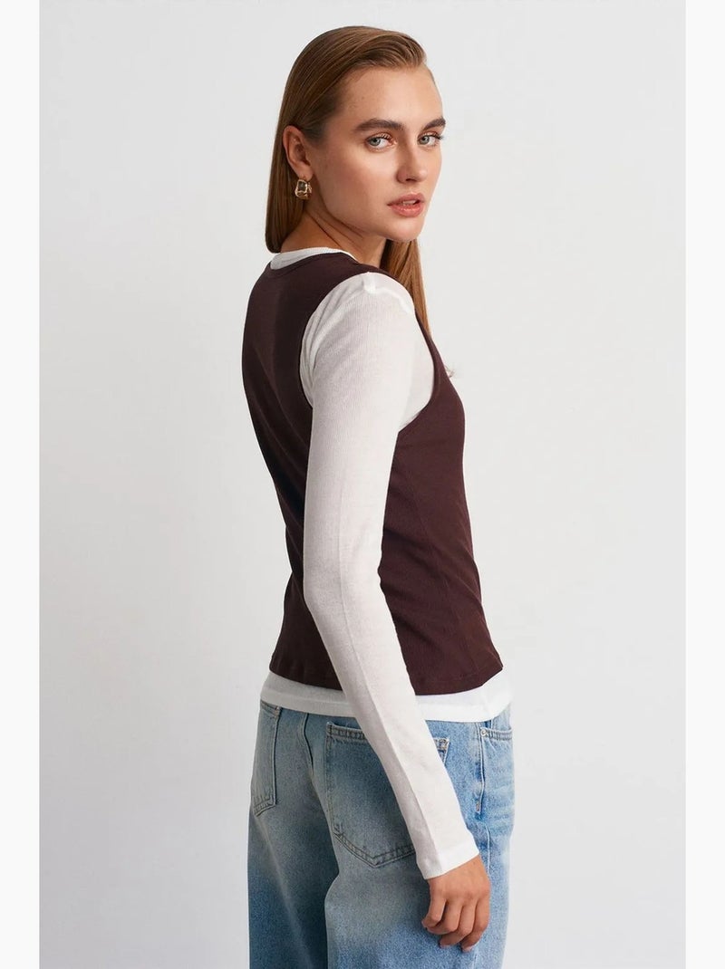T-shirt katoen ronde hals lange mouwen aansluitend dilvin Chocoladebruin - Kiabi