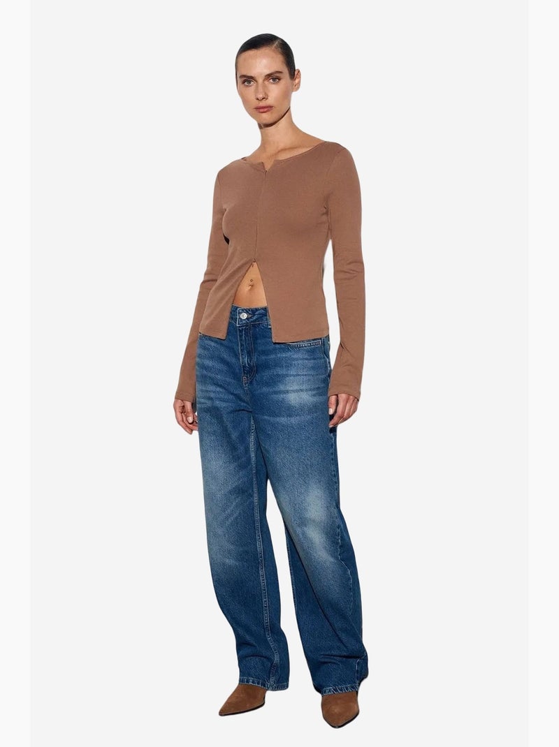 T-shirt katoenmix rits lange mouwen aansluitend dilvin Camel - Kiabi