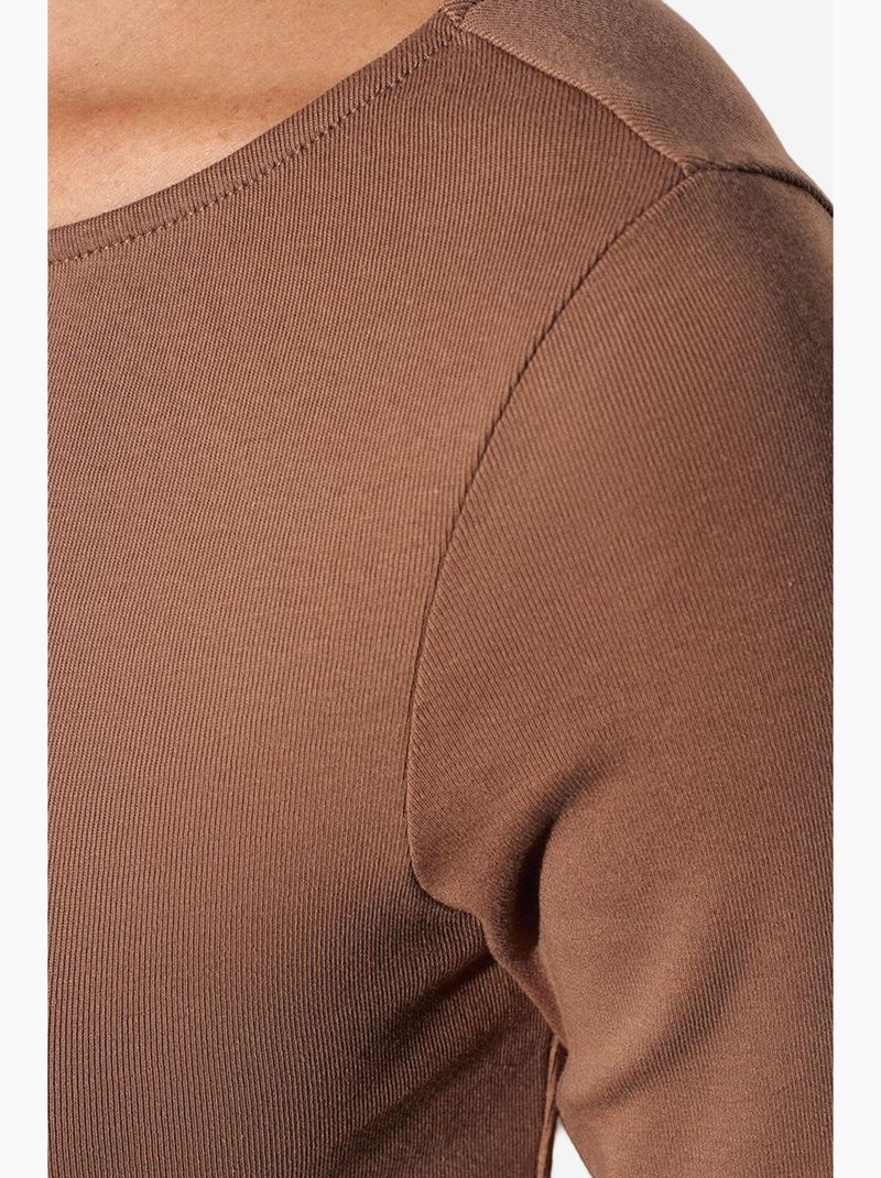 T-shirt katoenmix rits lange mouwen aansluitend dilvin Camel - Kiabi