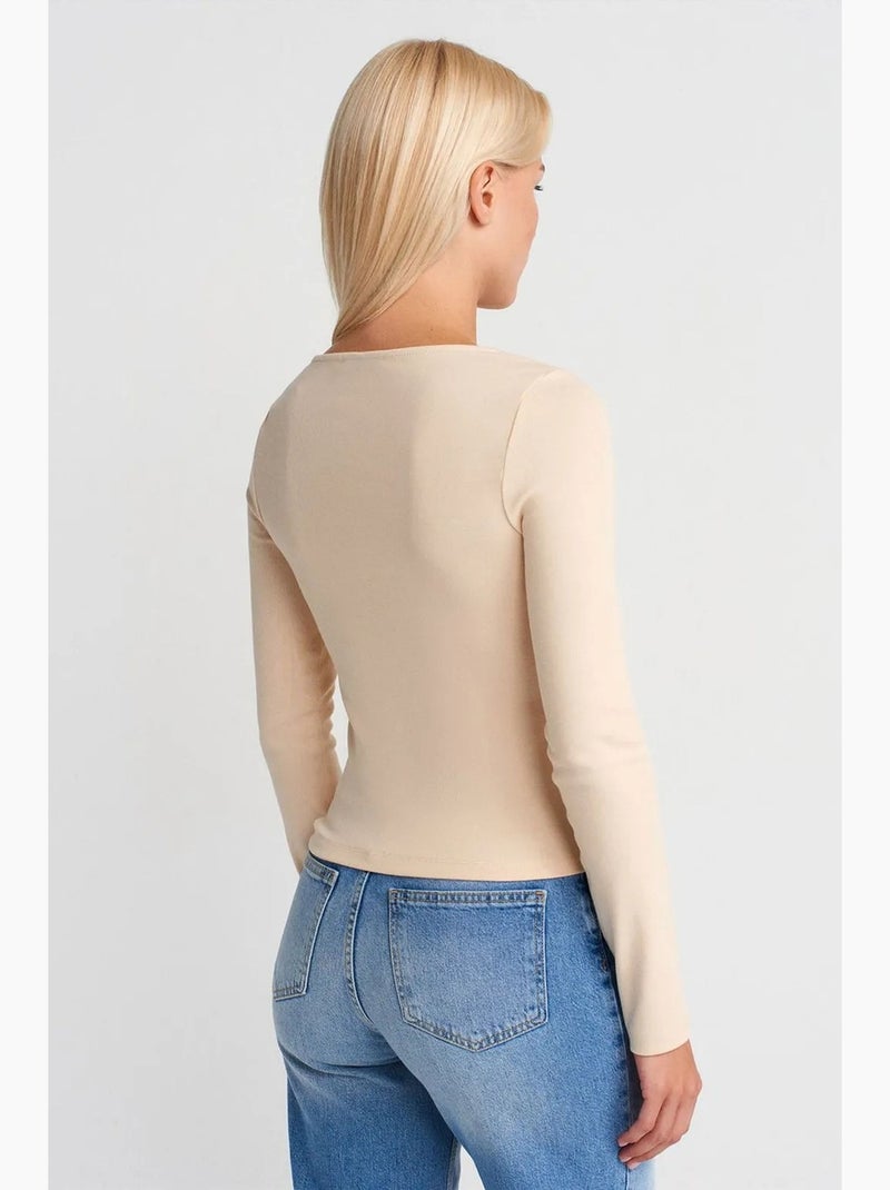 T-shirt katoenmix rits lange mouwen aansluitend dilvin Lichtbeige - Kiabi
