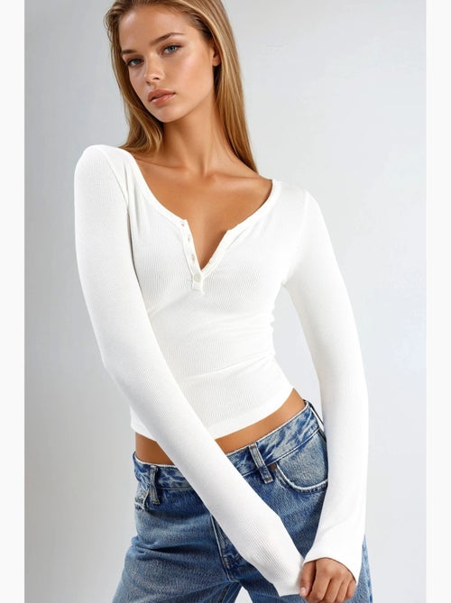 T-shirt knoopsluiting elastisch lange mouw busem - Kiabi