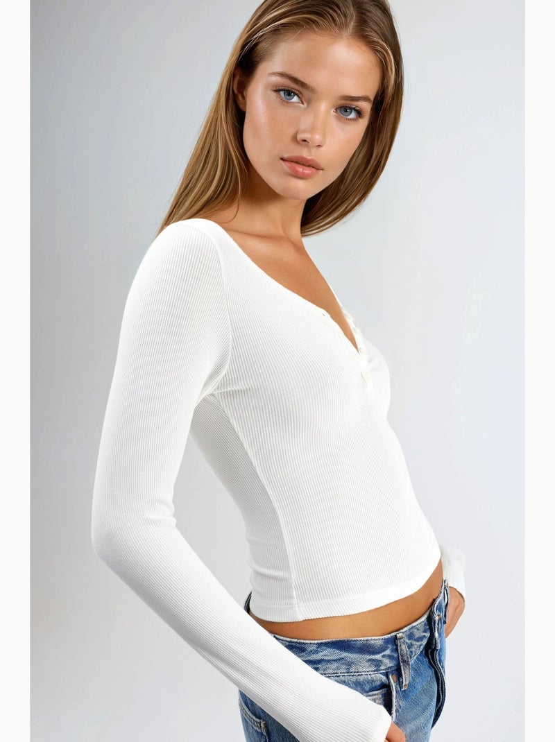 T-shirt knoopsluiting elastisch lange mouw busem Wit - Kiabi