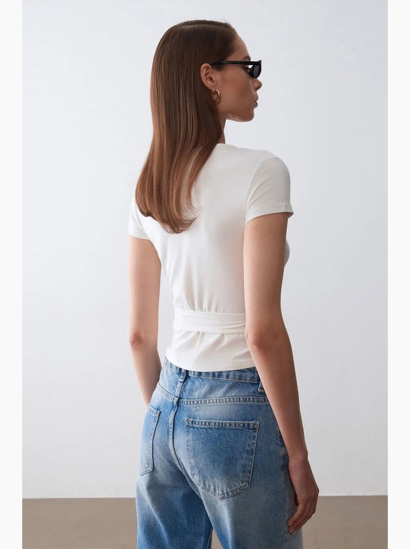 T-shirt kort overslag met strik lange mouwen dilvin Gebroken wit - Kiabi