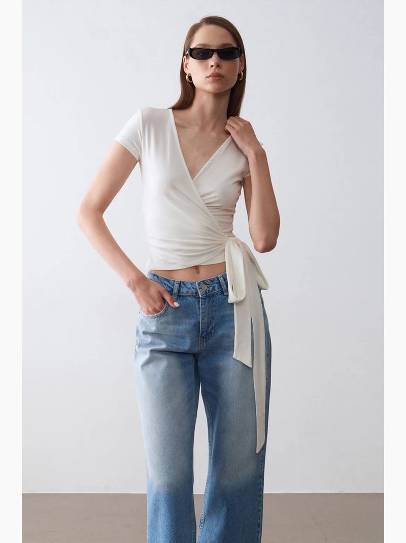 T-shirt kort overslag met strik lange mouwen dilvin Gebroken wit - Kiabi