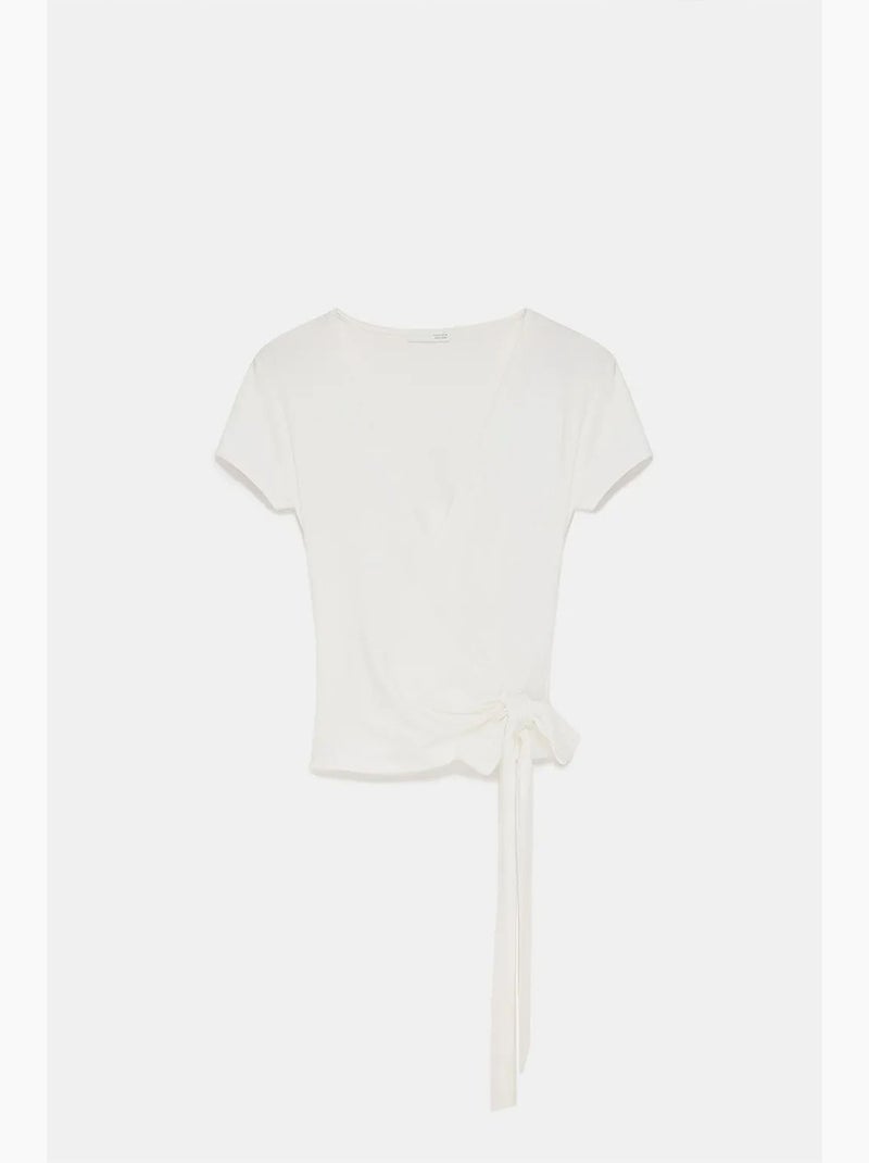 T-shirt kort overslag met strik lange mouwen dilvin Gebroken wit - Kiabi