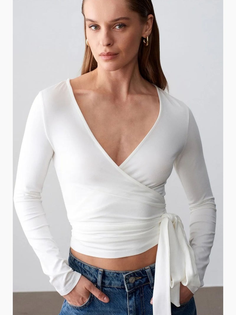 T-shirt kort overslag met strik lange mouwen dilvin Ivoor - Kiabi