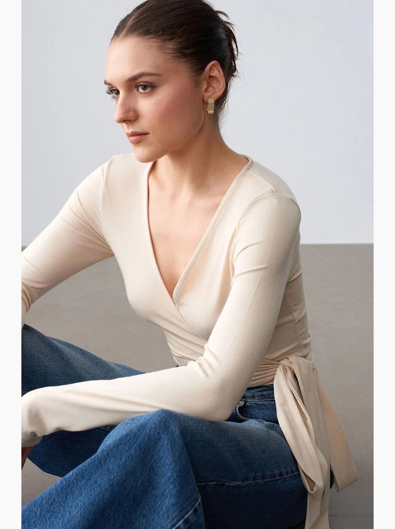 T-shirt kort overslag met strik lange mouwen dilvin Natuurlijk beige - Kiabi