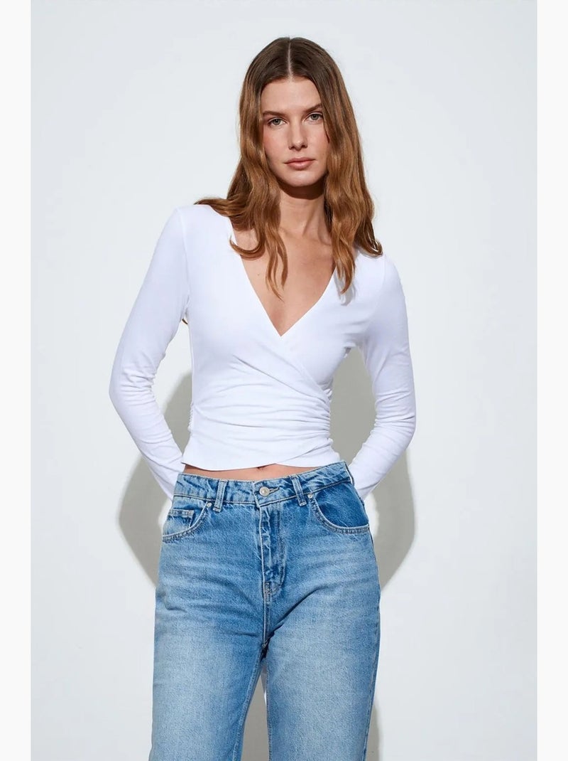 T-shirt kort overslag met strik lange mouwen dilvin Wit - Kiabi