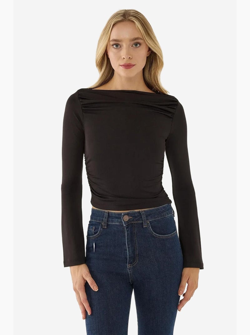 T-shirt lange mouw met drapering hiccup Zwart - Kiabi