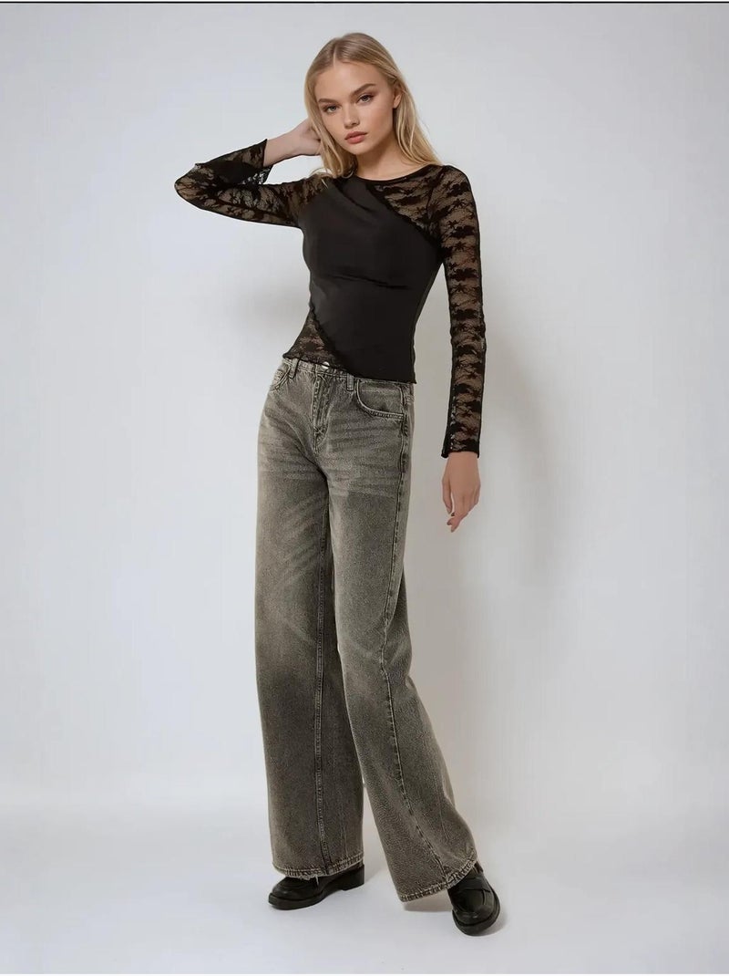 T-shirt lange mouw met kant hiccup Zwart - Kiabi