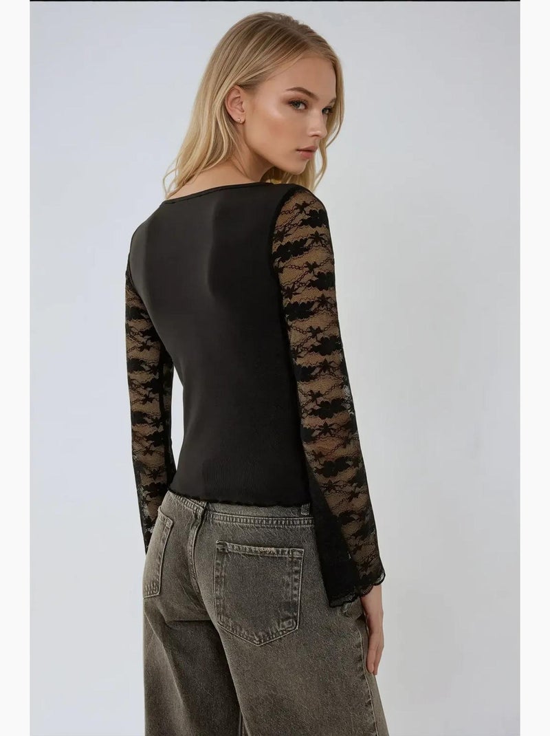 T-shirt lange mouw met kant hiccup Zwart - Kiabi