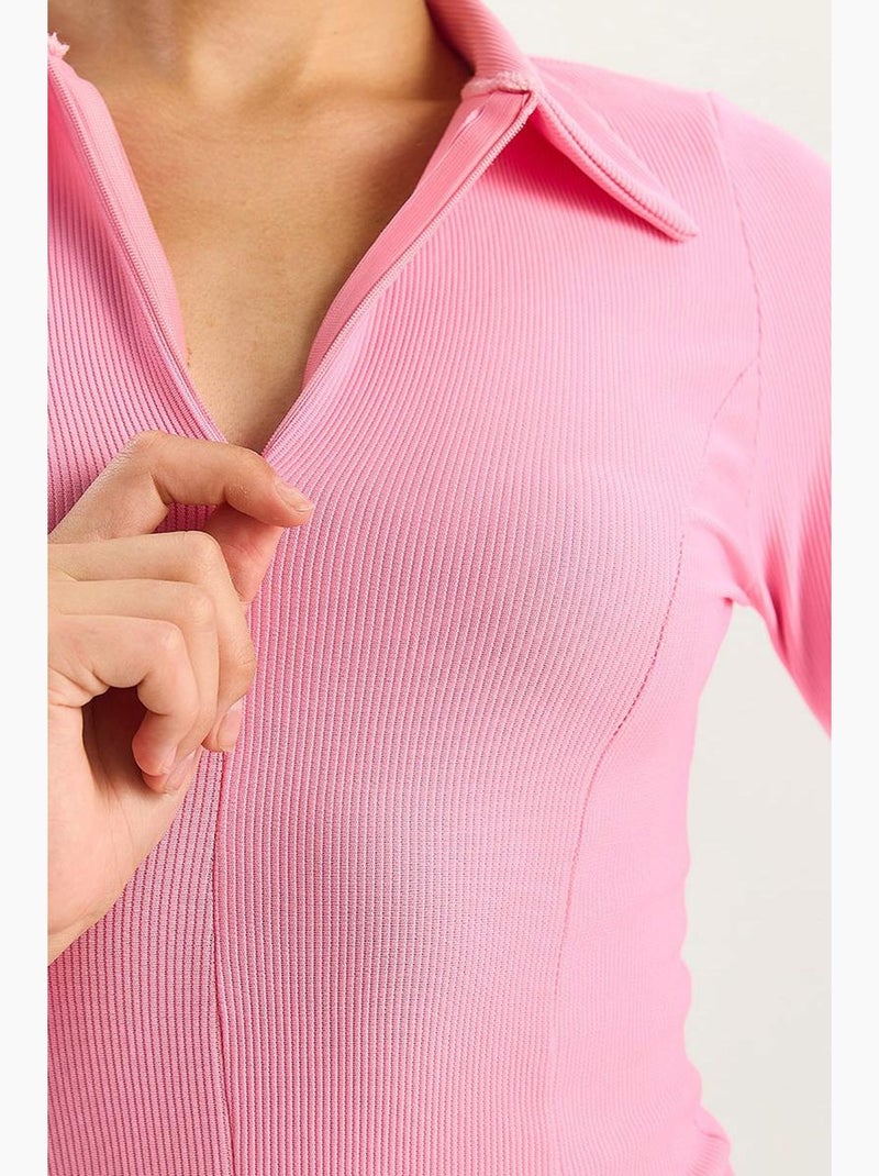 T-shirt lange mouwen aansluitend ritskraag lucci Fluorroze/Solinotes - Kiabi