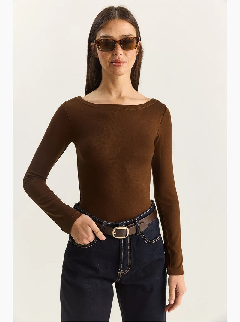 T-shirt lange mouwen basic aansluitend lucci Chocoladebruin - Kiabi