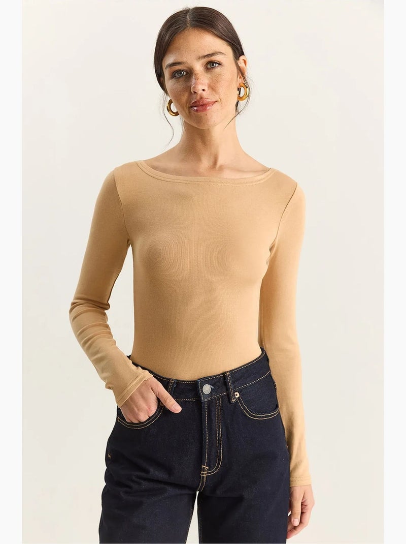 T-shirt lange mouwen basic aansluitend lucci Klei-beige - Kiabi