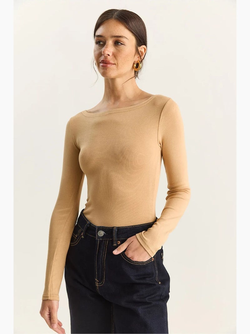 T-shirt lange mouwen basic aansluitend lucci Klei-beige - Kiabi