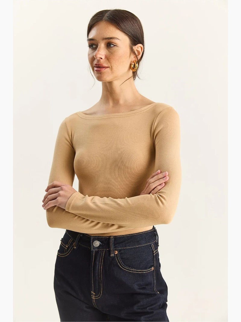 T-shirt lange mouwen basic aansluitend lucci Klei-beige - Kiabi