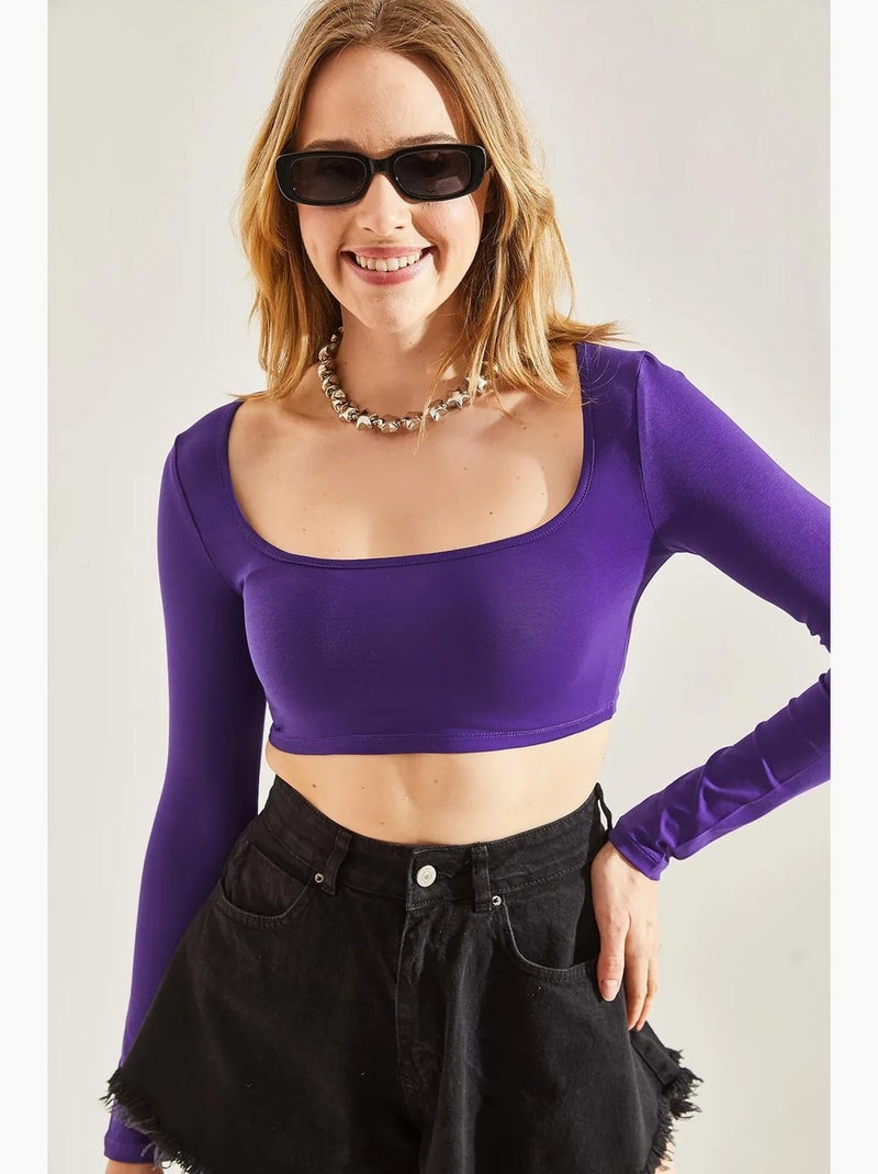 T-shirt lange mouwen basic kort lucci Auberginepaars - Kiabi