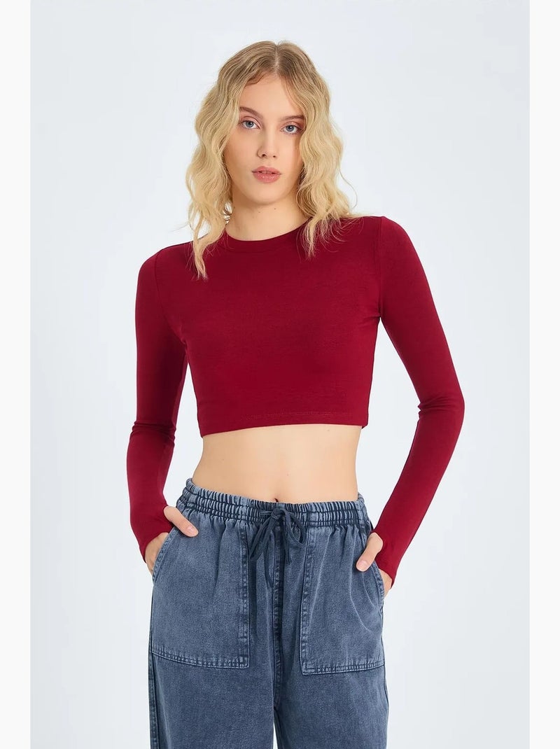 T-shirt lange mouwen basic kort mixray Bordeauxrood - Kiabi