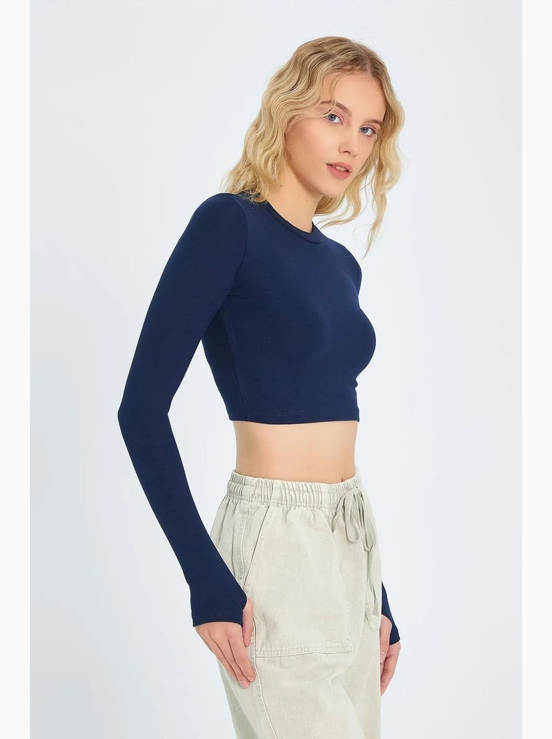 T-shirt lange mouwen basic kort mixray Marineblauw - Kiabi