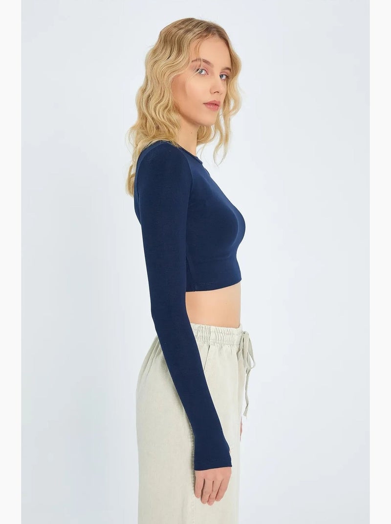 T-shirt lange mouwen basic kort mixray Marineblauw - Kiabi