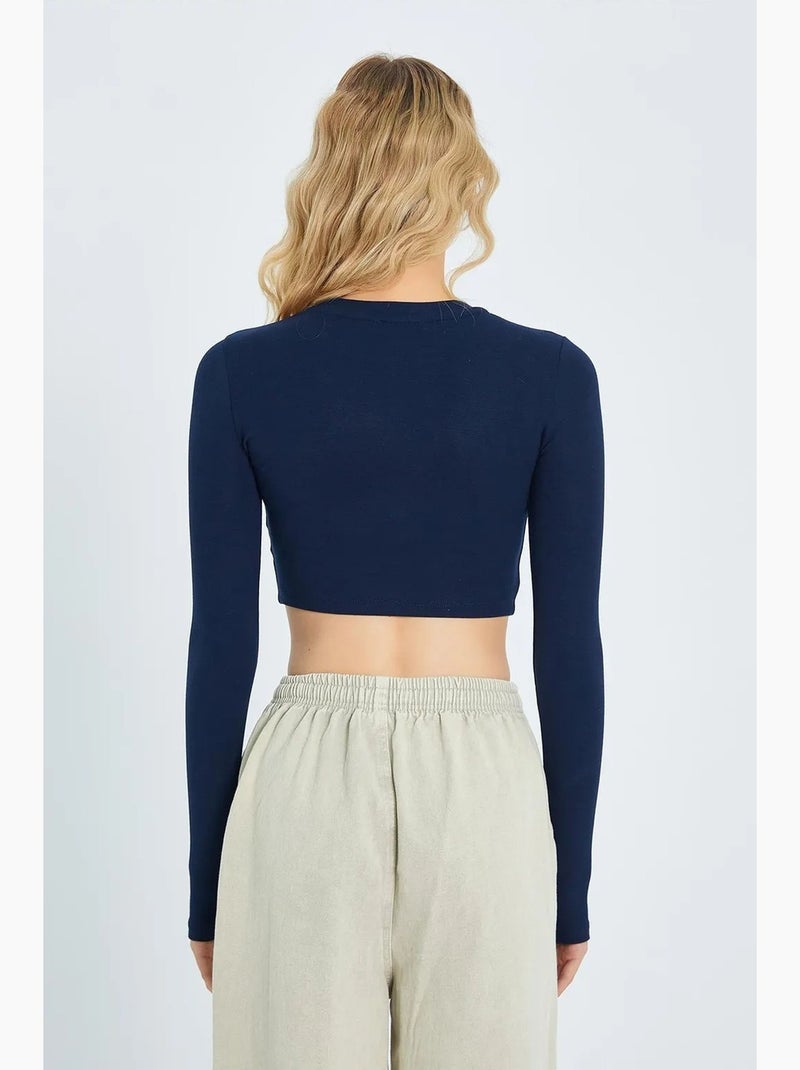 T-shirt lange mouwen basic kort mixray Marineblauw - Kiabi