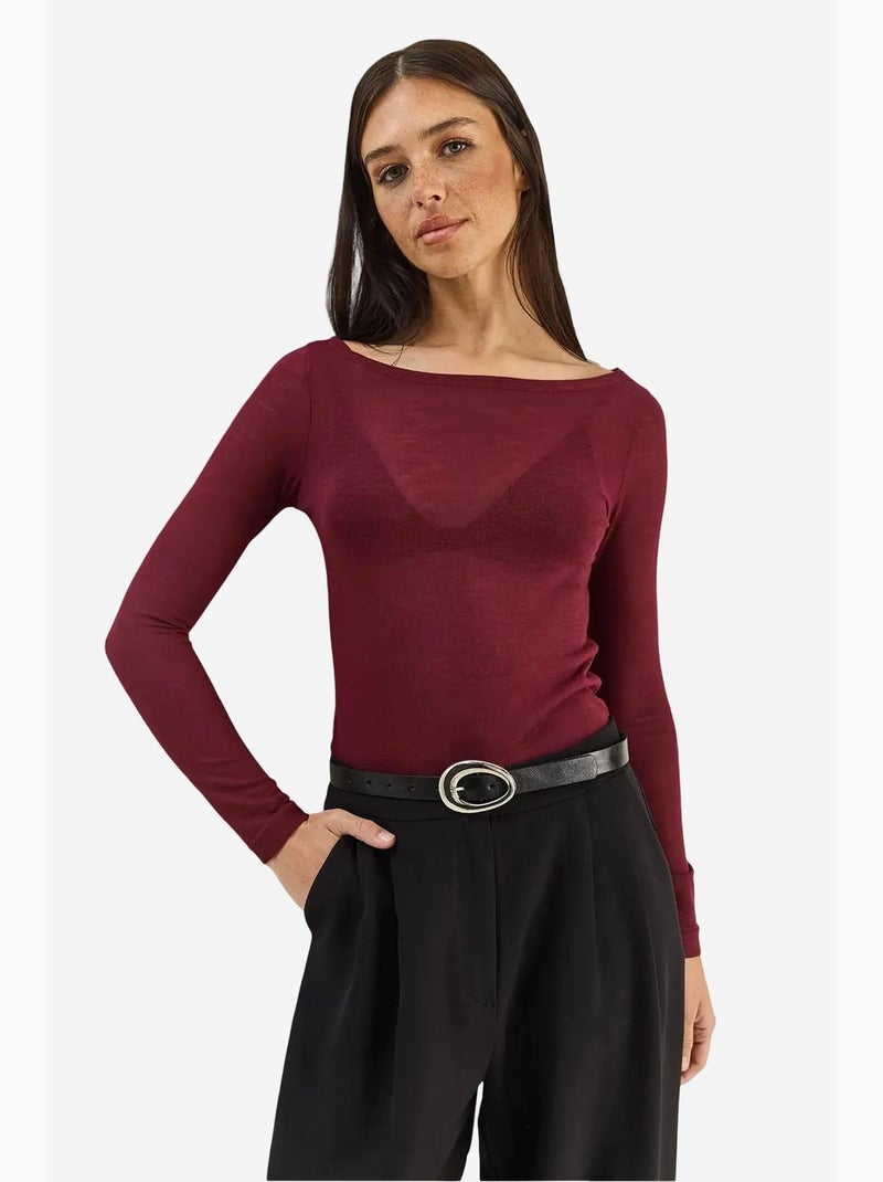 T-shirt lange mouwen basic ronde hals transparant lucci Bordeauxrood - Kiabi