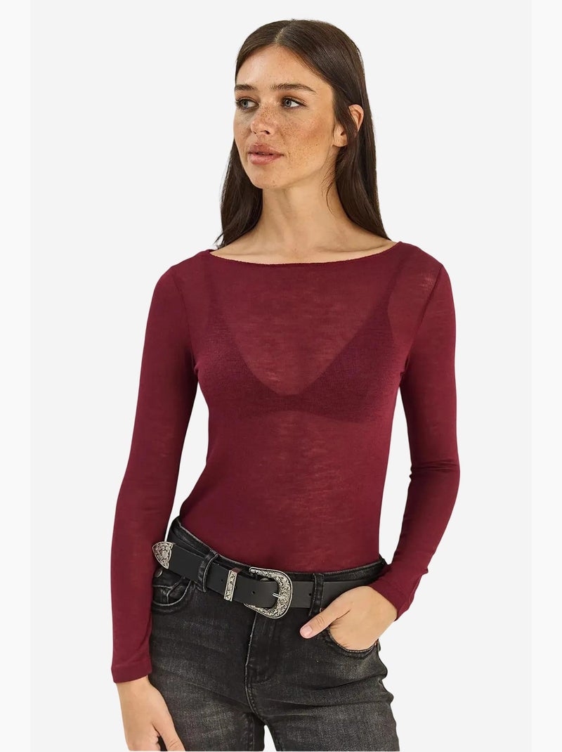 T-shirt lange mouwen katoen transparant lucci Bordeauxrood - Kiabi