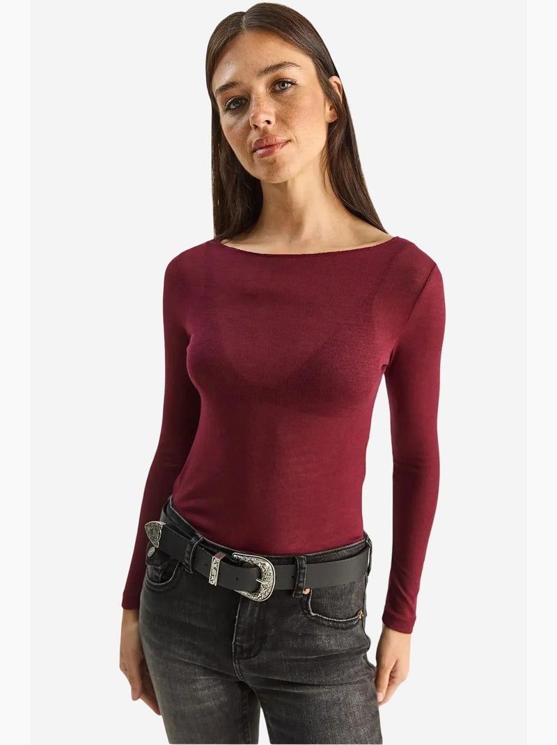 T-shirt lange mouwen katoen transparant lucci Bordeauxrood - Kiabi
