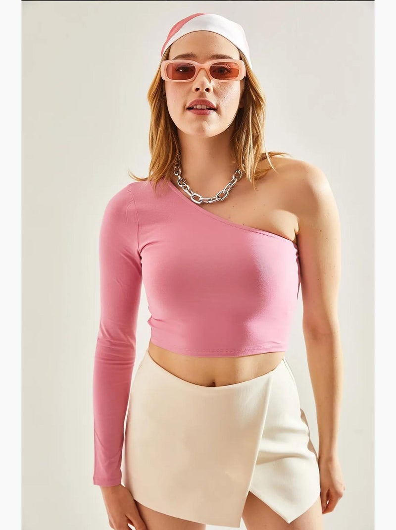 T-shirt lange mouwen kort asymmetrische hals lucci Bleekroze - Kiabi