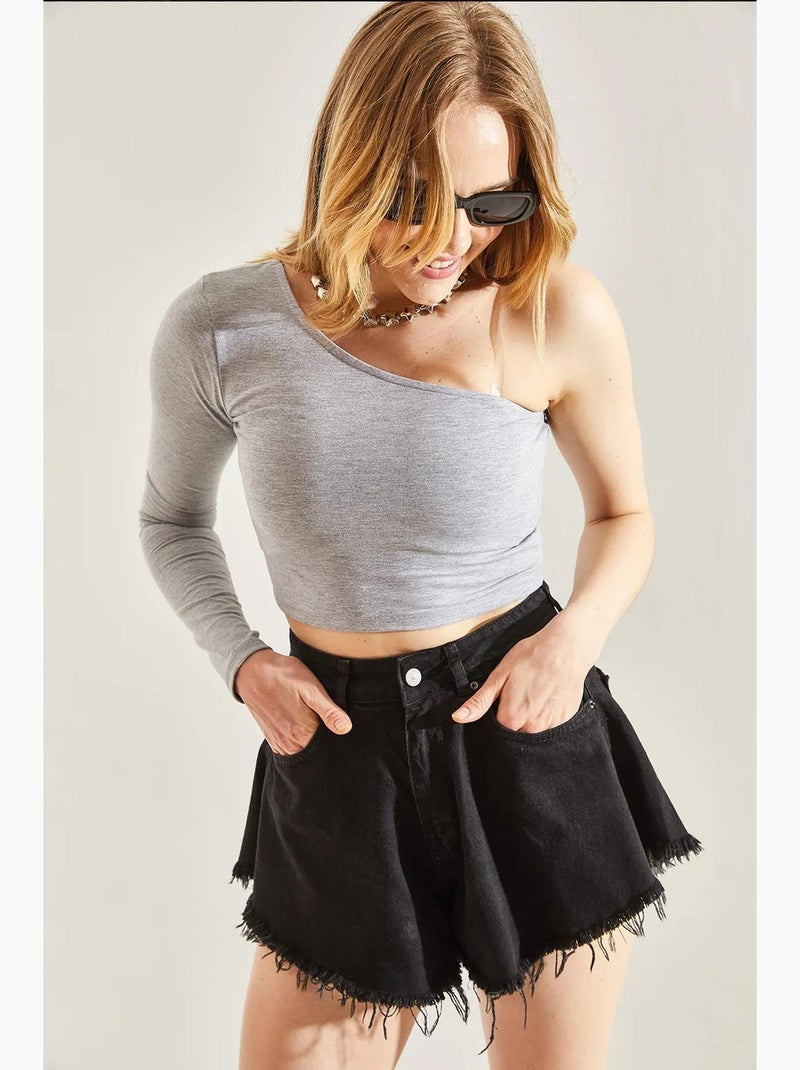 T-shirt lange mouwen kort asymmetrische hals lucci Grijs - Kiabi