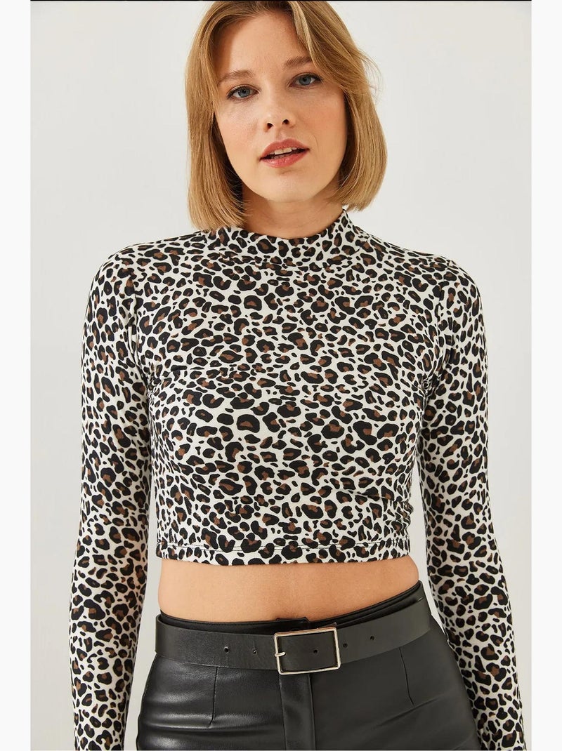 T-shirt lange mouwen kort col luipaardprint lucci Wit Zwart - Kiabi