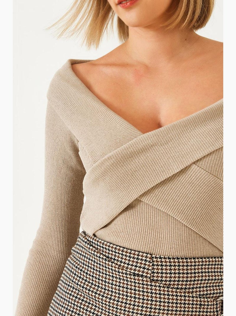 T-shirt lange mouwen off shoulder rib structuur lucci Lichtbruin - Kiabi