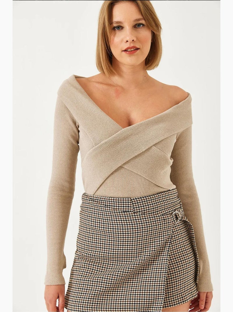 T-shirt lange mouwen off shoulder rib structuur lucci Lichtbruin - Kiabi
