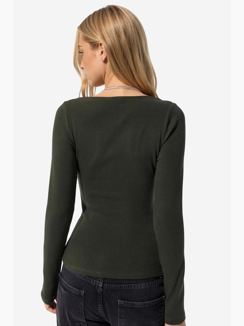 T-shirt lange mouwen v-hals kant busem Donkergroen - Kiabi