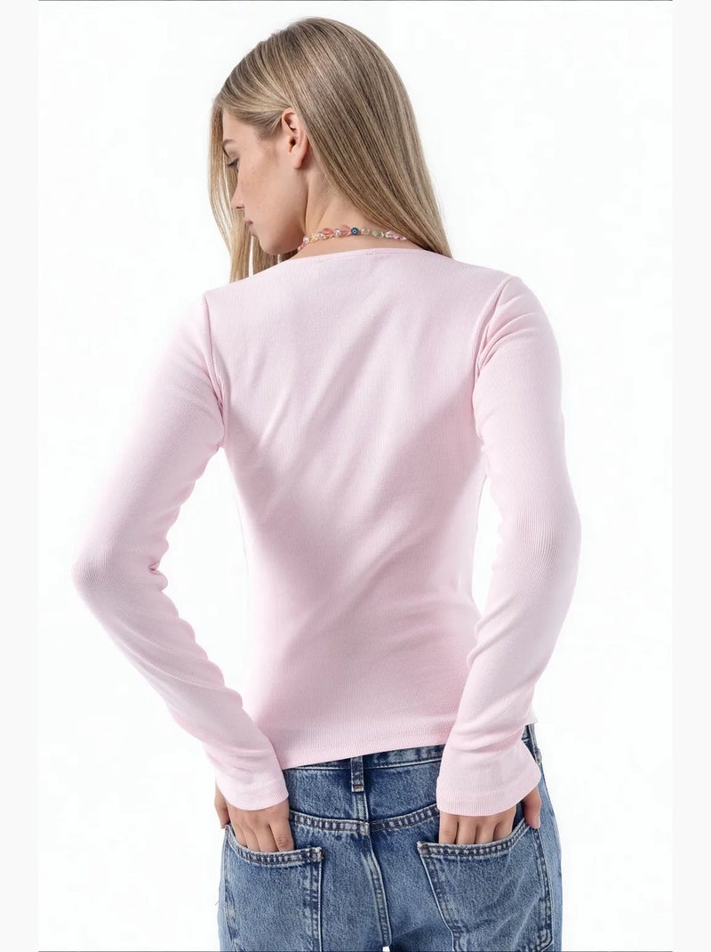 T-shirt lange mouwen v-hals kant busem Suikerroze - Kiabi