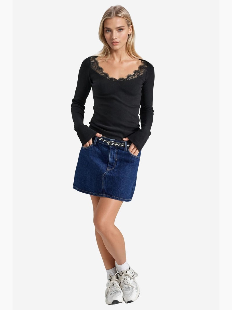 T-shirt lange mouwen v-hals kant busem Zwart - Kiabi