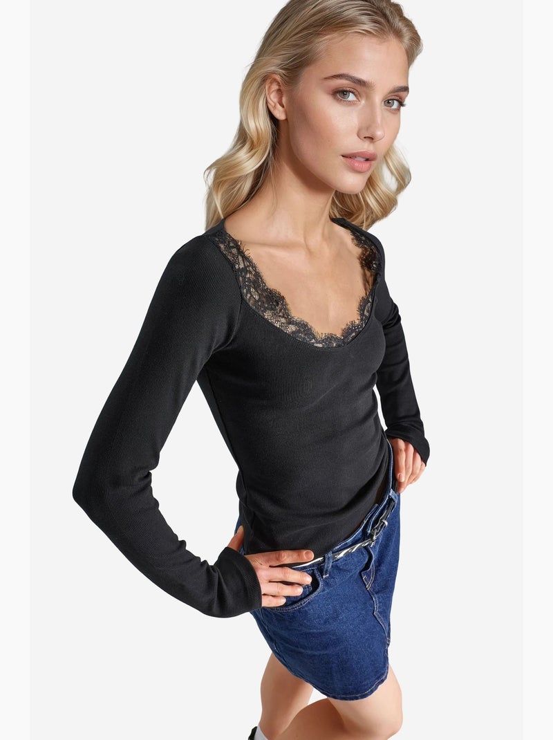T-shirt lange mouwen v-hals kant busem Zwart - Kiabi