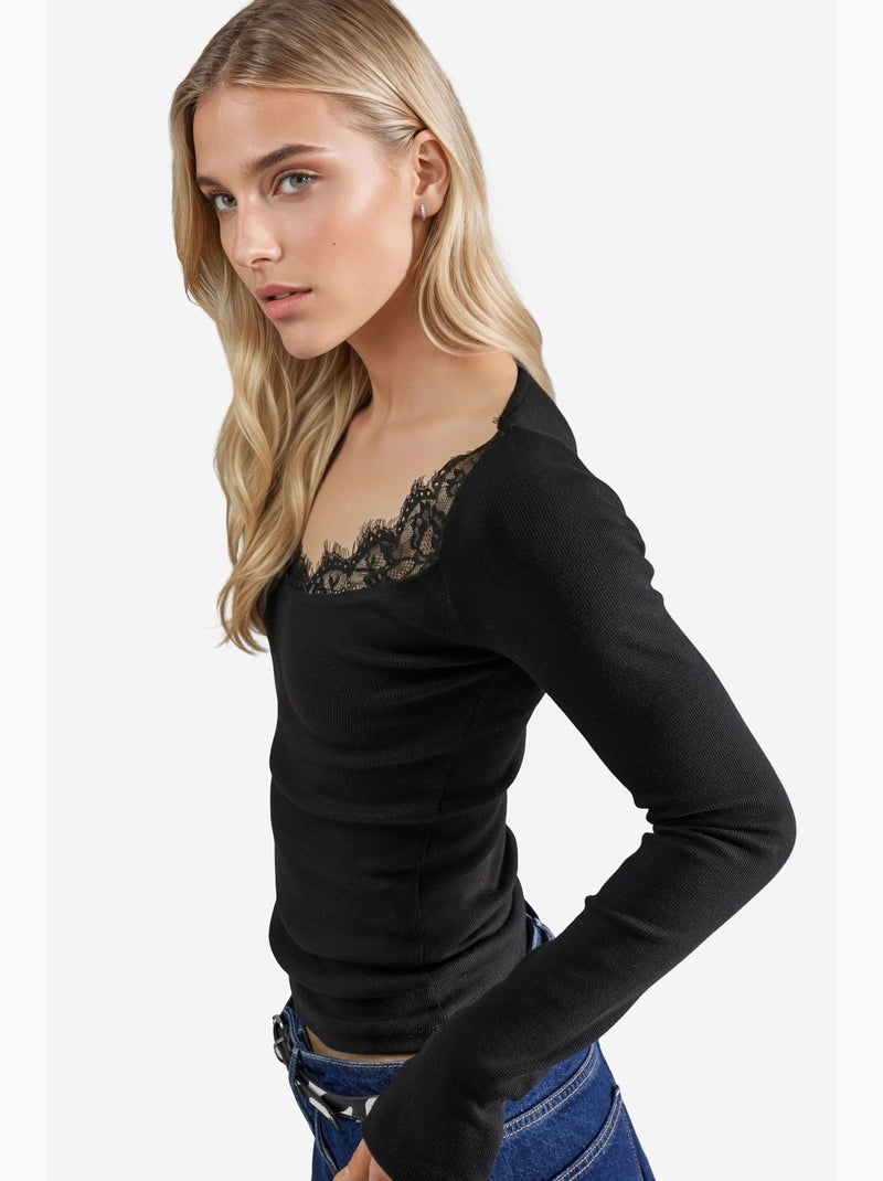 T-shirt lange mouwen v-hals kant busem Zwart - Kiabi