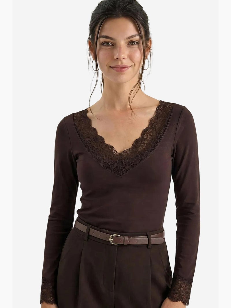 T-shirt lange mouwen v-hals kant lucci Chocoladebruin - Kiabi