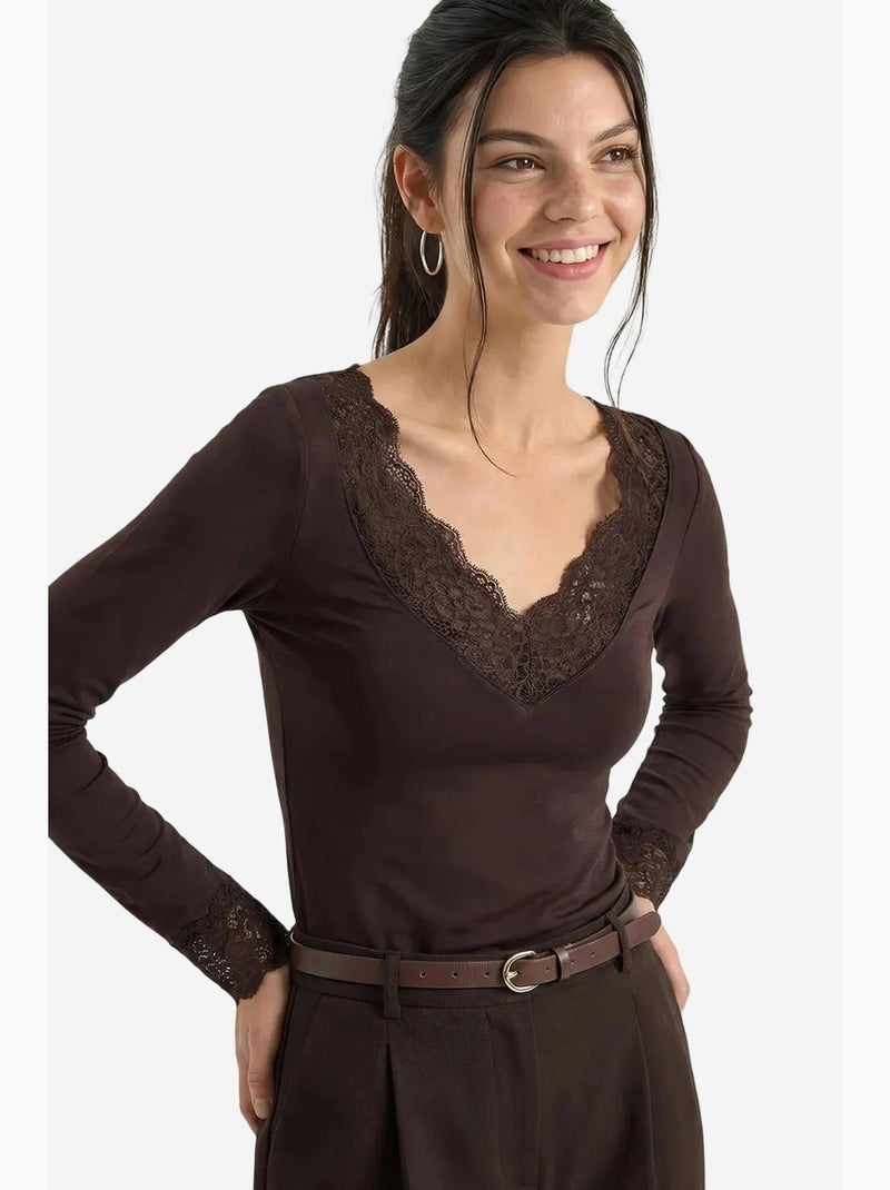 T-shirt lange mouwen v-hals kant lucci Chocoladebruin - Kiabi