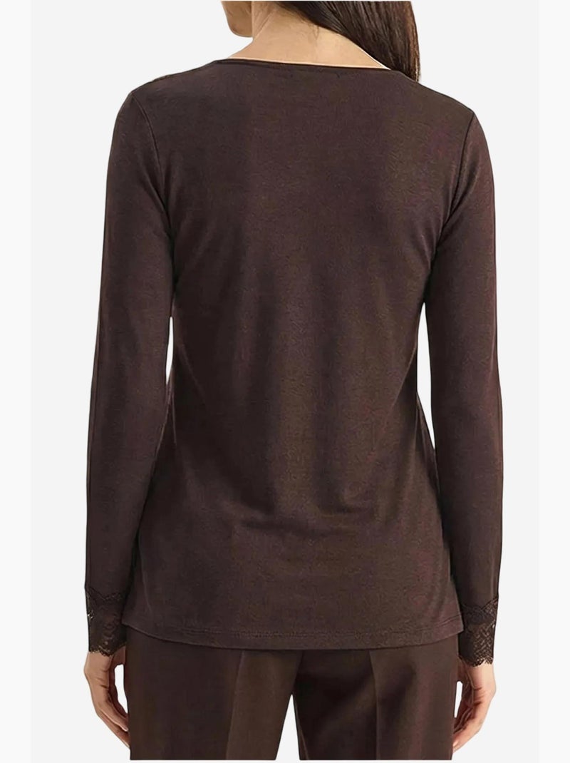T-shirt lange mouwen v-hals kant lucci Chocoladebruin - Kiabi