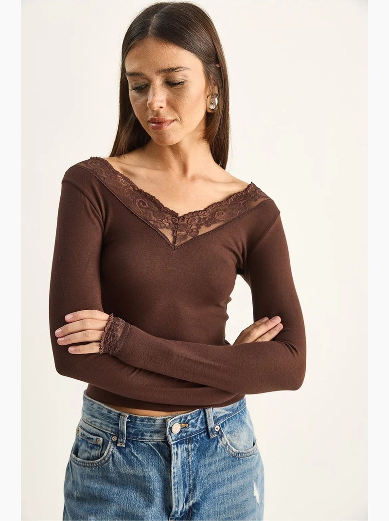 T-shirt lange mouwen v-hals kant lucci Chocoladebruin - Kiabi