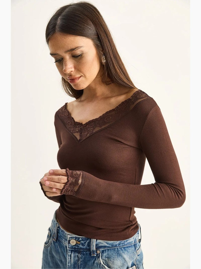 T-shirt lange mouwen v-hals kant lucci Chocoladebruin - Kiabi