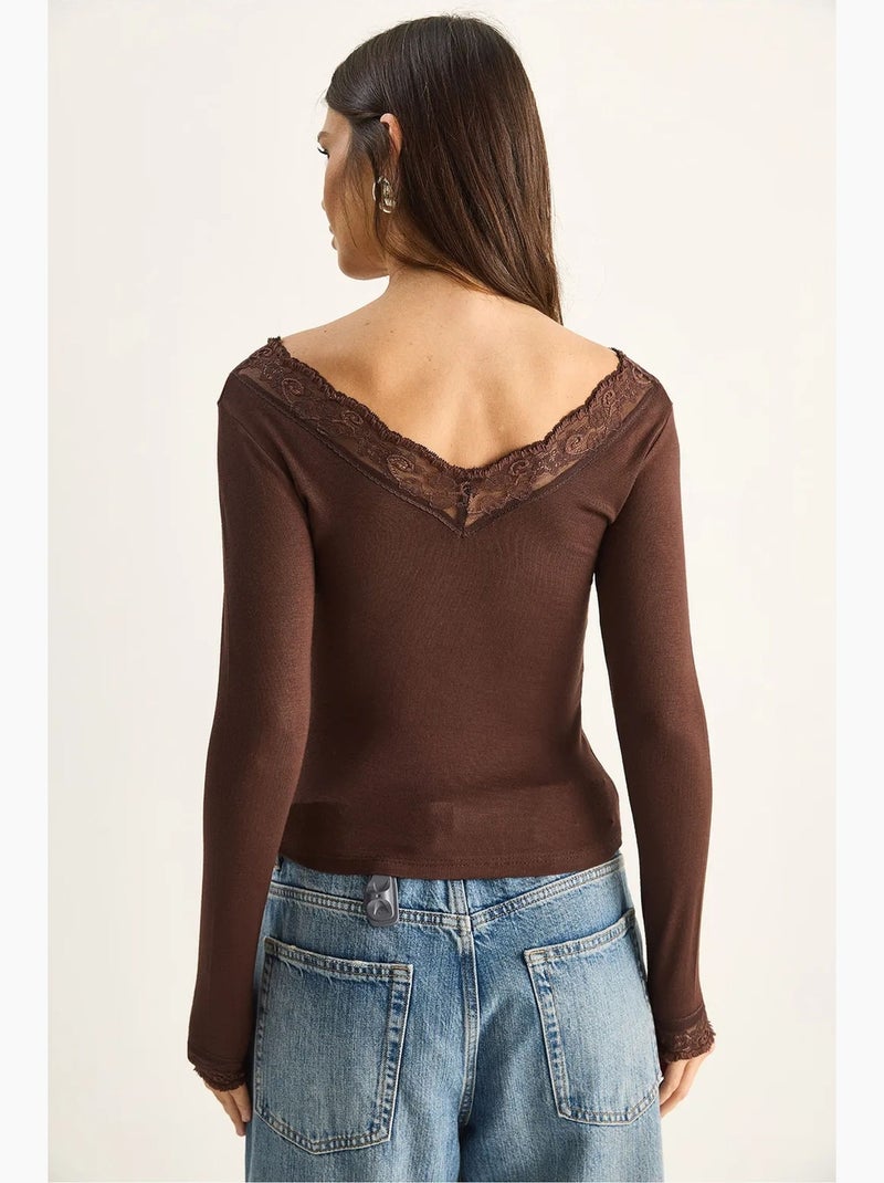 T-shirt lange mouwen v-hals kant lucci Chocoladebruin - Kiabi