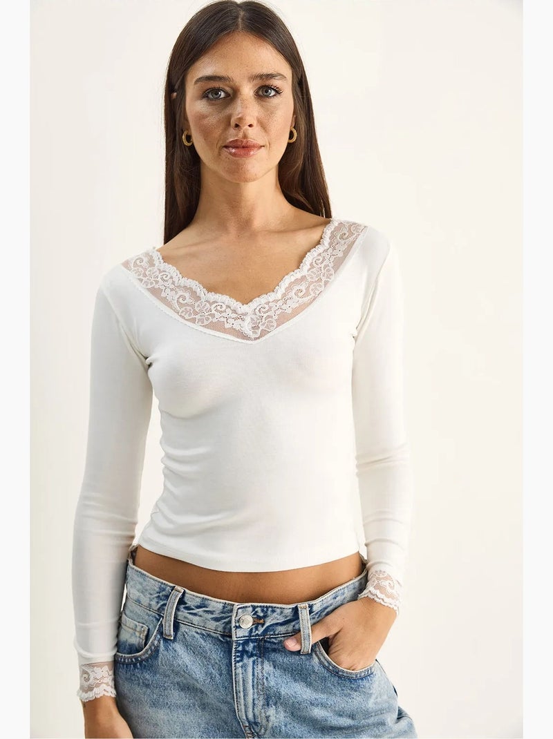 T-shirt lange mouwen v-hals kant lucci Wit - Kiabi