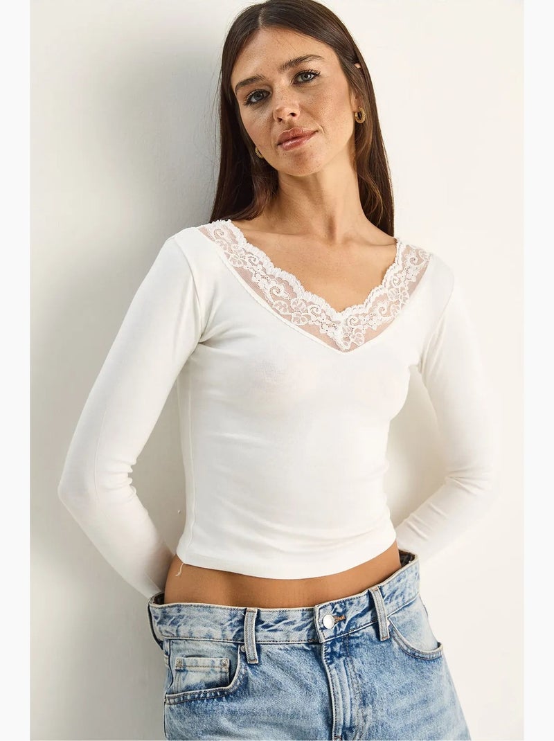 T-shirt lange mouwen v-hals kant lucci Wit - Kiabi
